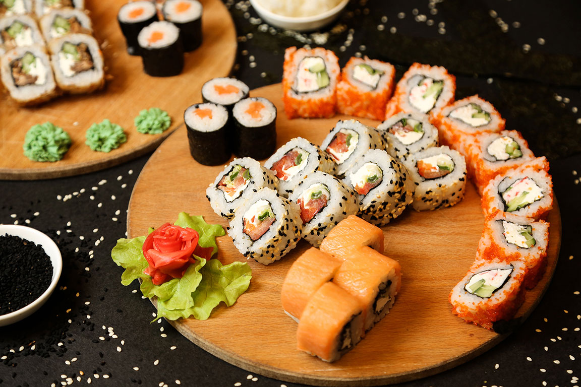 Sushi rolls with ginger and wasabi