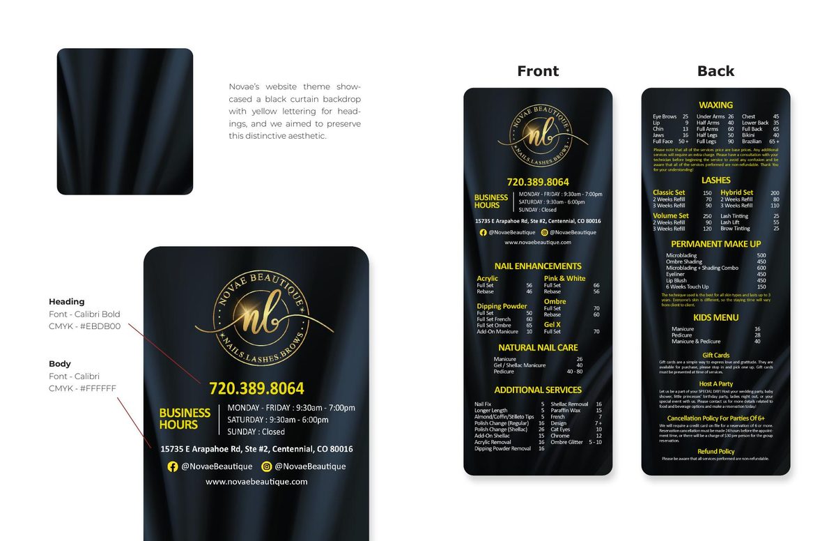 Novae pricing menu front and back